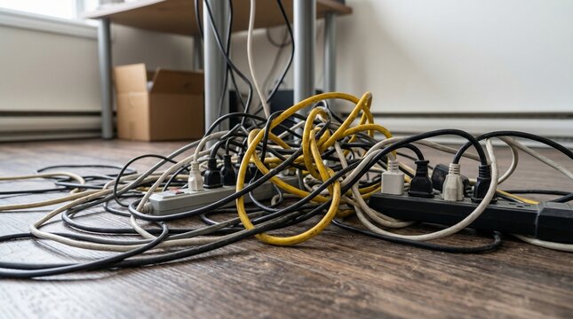 Tangle of electrical cables and power strips on wooden floor