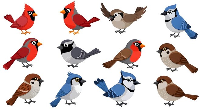 Collection of Adorable Cartoon Birds in Various Species and Colors.