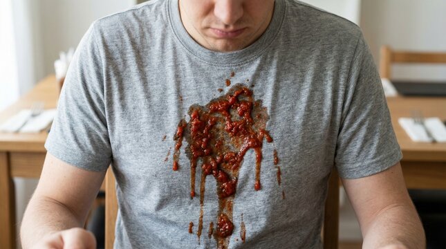 Man with tomato sauce spilled on gray t-shirt while sitting at table  
