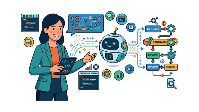 A woman interacts with a robot surrounded by data analysis and AI workflow diagrams and charts.