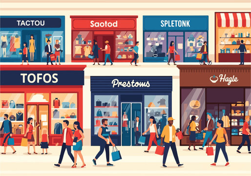 Colorful illustration of people shopping at various stores