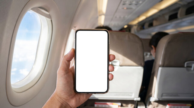 Person holding a smartphone with a blank screen inside an airplane cabin near the window