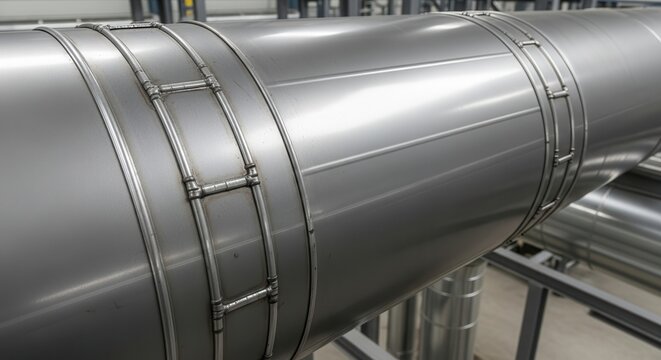 Large brushed steel cylindrical pipe section with metal banding detail