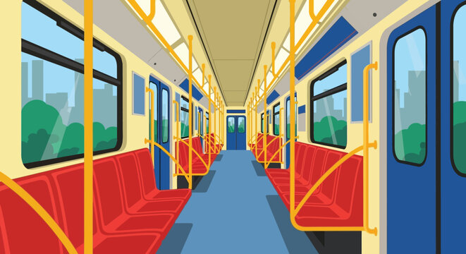 A brightly colored cartoon style illustration depicts the interior of a nearly empty subway car