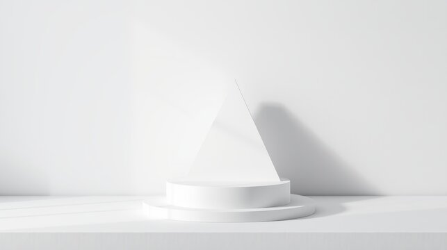 Minimalist scene. White pyramid rests upon tiered circular platforms. Clean geometry, soft shadows, simple presentation. Focus on form, light.