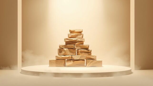 Stacked rectangular prisms form pyramid. Beige color scheme, soft lighting, circular platform. Smoke effects enhance presentation. Minimalist aesthetic.