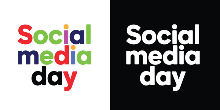 Social media day vector illustration with colorful and white text on white and black backgrounds