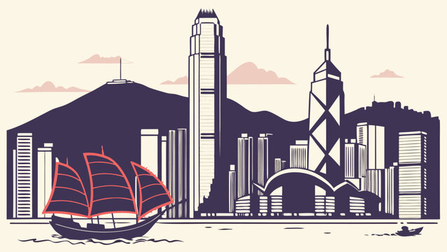 Minimalist Hong Kong cityscape illustration with junk boats