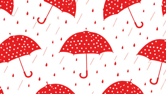 赤い水玉模様の傘と雨のシームレスパターン背景