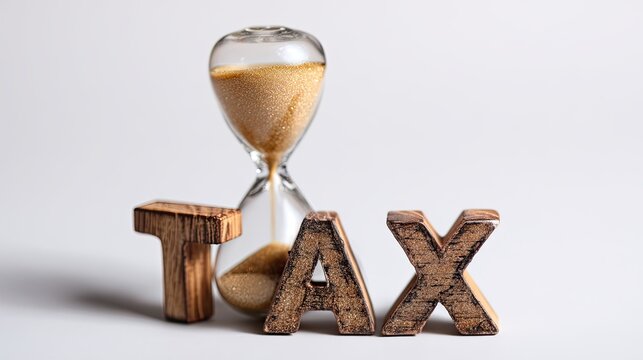Wooden TAX letters with hourglass sand timer symbolizing time-based taxation, financial deadlines, accounting pressure, and fiscal planning concept