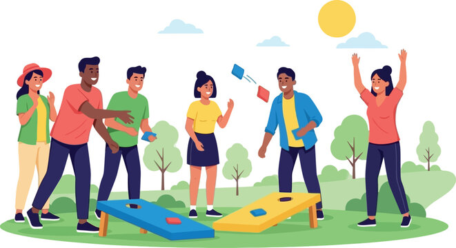 Friends play cornhole on a sunny outdoor recreational park with beanbag toss boards.