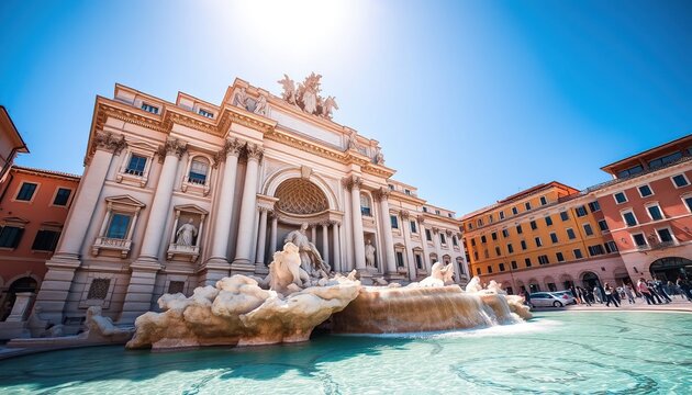 Trevi Fountain in Rome featuring Baroque sculptures of Oceanus horses and tritons turquoise pool ornate architecture warm buildings and bright blue sky landmark