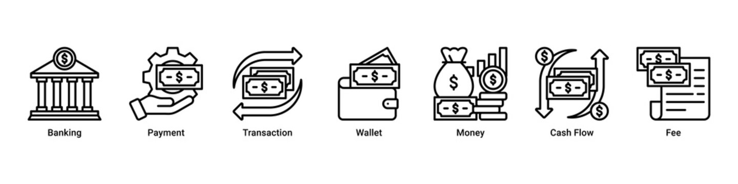Banking System banner with banking,payment,transaction,wallet,money,cash flow and fee icons for fintech and digital finance concept