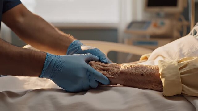 Healthcare worker holding patient's hand.