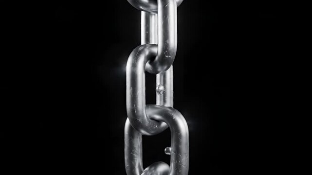 Closeup shot of a heavy metal chain hanging vertically against a black background.