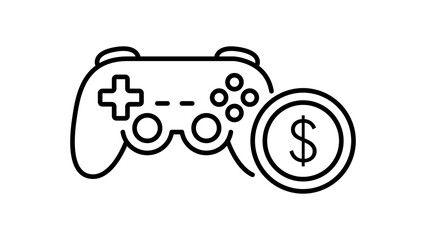 Gaming Finance and Monetization Vector Icon: A Minimalist Black Line Illustration of a Game Controller and Dollar Coin on White Background, Featuring Editable Stroke for Customization and Design. © Maira