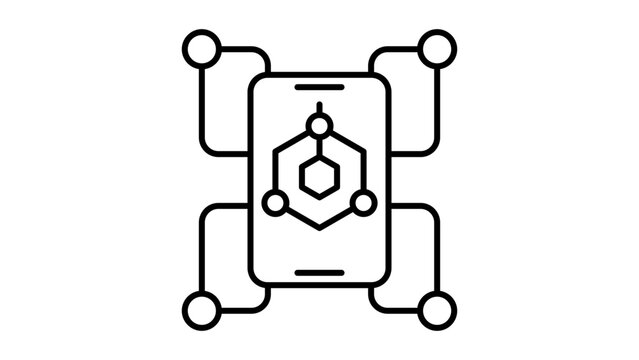 DApp Decentralized Application Mobile Blockchain Technology Minimalist Black Line Vector Icon Illustration with Editable Stroke, Representing Network Connectivity and Digital Ecosystem.