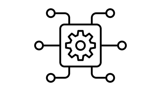 Decentralized Application DApp Vector Icon Illustration. Minimalist Black Line Art Representing Blockchain Technology, Smart Contracts, and Data Processing with Editable Stroke on White Background.