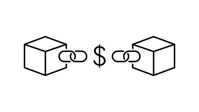 Blockchain DeFi Lending and Cryptocurrency Finance Concept Vector Icon Illustration with Editable Stroke. Minimalist Black Line Art of Linked Blocks and Dollar Sign for Digital Banking and Fintech.