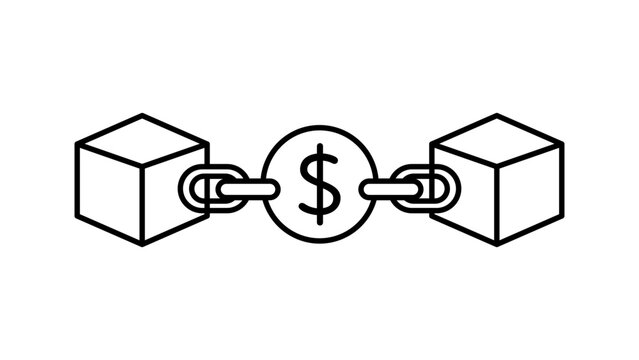 Blockchain Technology and DeFi Lending Minimalist Black Line Vector Icon Featuring Linked Blocks and Dollar Coin on White Background, Editable Stroke Illustration for Finance and Fintech.