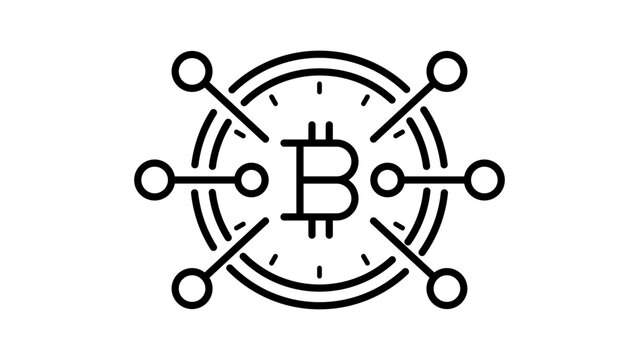 Minimalist Bitcoin Digital Currency Network Vector Icon with Editable Stroke. Clean black line illustration of a crypto coin with connection nodes on white background for fintech and blockchain.