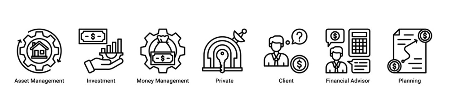 Wealth Management banner with asset management,investment,money management,private,client,financial advisor and planning icons for finance concept