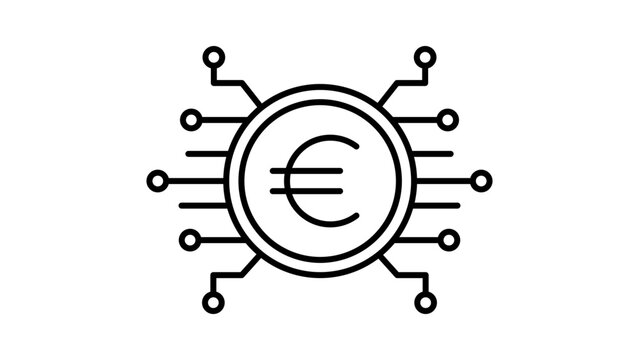 Digital Euro Currency Vector Icon with Editable Stroke; Minimalist Black Line Illustration of an Electronic Euro Coin with Circuit Board Connections on White Background for Fintech and Crypto.