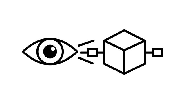 Blockchain Oracle Data Minimalist Black Line Vector Icon Representing an Eye Observing a 3D Cube, Data Verification and Smart Contract Monitoring, Editable Stroke Scalable Vector Illustration.