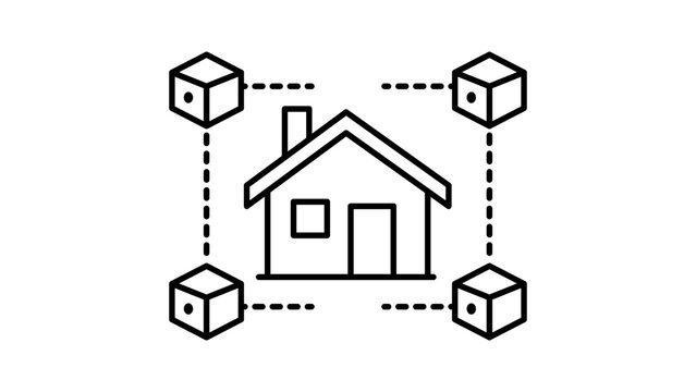 Real Estate Tokenization and Blockchain Property Investment Concept, Minimalist Black Line Vector Icon with Editable Stroke on White Background, Digital Asset and Smart Contract Illustration.