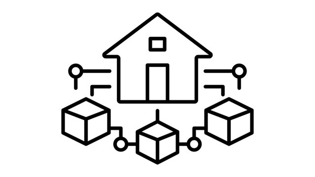 Real Estate Tokenization Vector Icon Illustration, Minimalist Black Line Art of a House Connected to Blockchain Cubes, Digital Property Investment Concept, Editable Stroke Scalable Graphic.