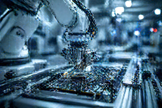 High precision robotic arm placing microchip on circuit board in advanced factory, representing automation, semiconductor manufacturing, and modern technology production.