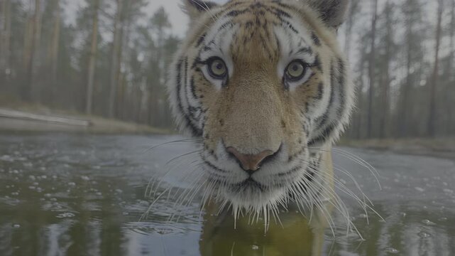 Siberian tiger running through water toward camera, low angle direct face view with splashing action in taiga wilderness
