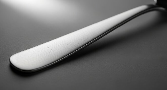 Close-up view of a satin-finished metal tablespoon handle with brushed texture, showcasing elegant kitchenware detail