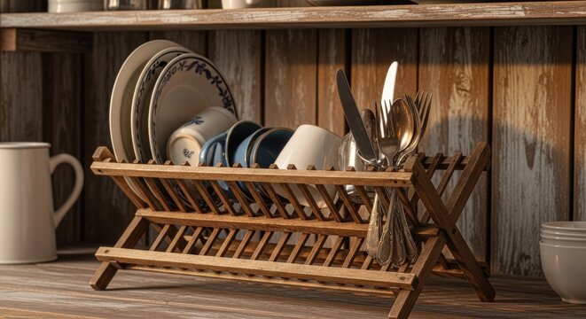 Rustic wooden dish drying rack with worn patina holding vintage plates cups and cutlery