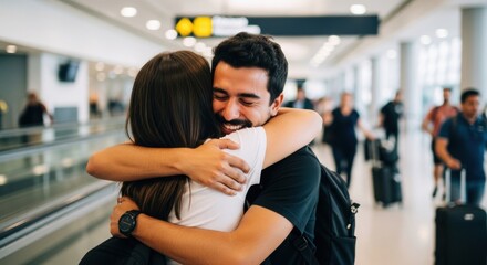 Fototapeta na wymiar Man and woman hugging at airport terminal. Happy couple embracing after long separation during arrival. Emotional reunion of traveler returning home. Greeting and love concept.