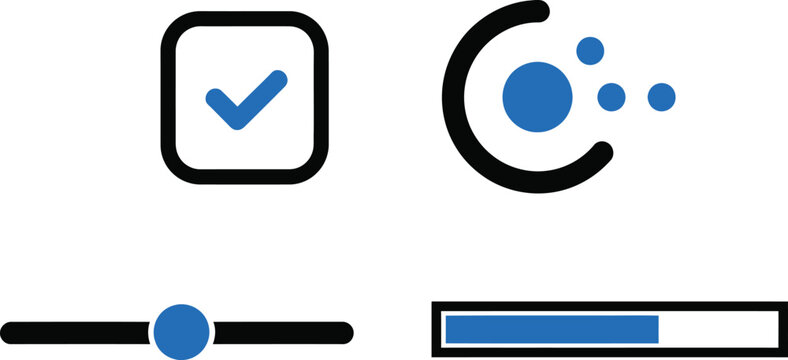 Interface elements including checkboxes, radio buttons, sliders, and progress bars represent interactive digital controls for modern software applications.
