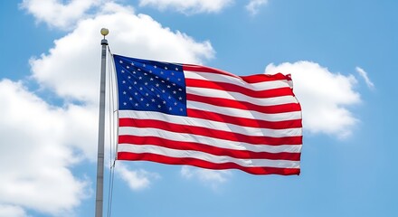 Obraz premium American flag waving against a bright blue sky with fluffy white clouds