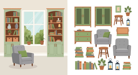 Stylized illustration of interior design elements including bookshelves furniture and decorative plants high quality professional © grvect02