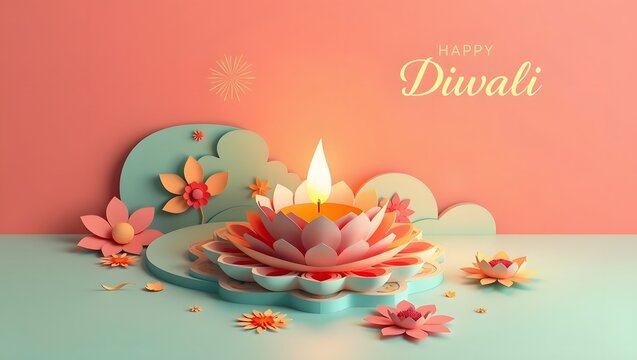 Creative Paper Cut Style Diwali Greeting with Lotus Candle and Floral Elements