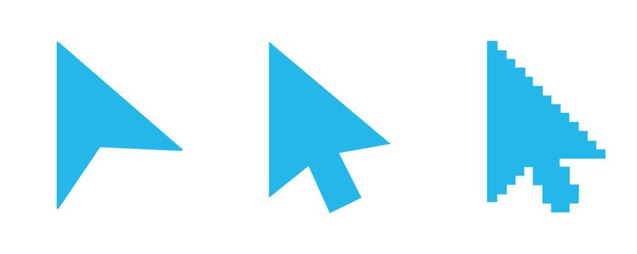Three blue computer mouse cursor shapes in different styles on a white background for design and interface concepts
