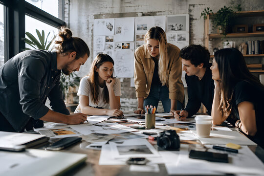 Group of creative professionals collaborating around table with sketches and photos, discussing ideas and planning projects in modern workspace.