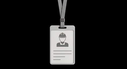 Obraz premium A gray ID badge with a person wearing a hard hat, hanging from a gray lanyard on black