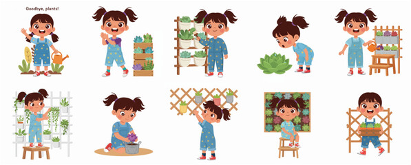 Set of cute little girl character illustrations engaged in various gardening activities with succulent plants, including watering, potting, and caring for indoor greenery. © Camelia