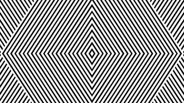 Black and white geometric op art background with diagonal striped lines.