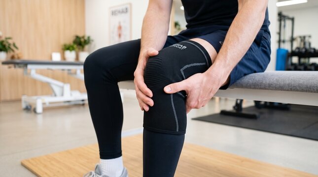 Man wearing black knee support brace for pain relief in physical therapy