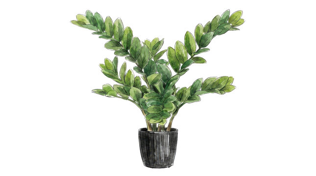 Potted zamioculcas zamiifolia plant watercolor drawing on white background.