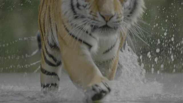 Siberian tiger running through water toward camera, low angle direct face view with splashing action in taiga wilderness
