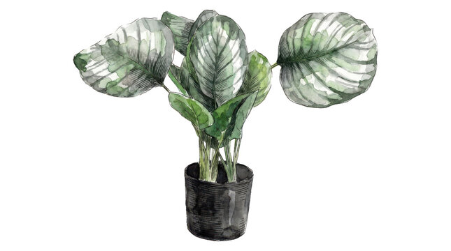 Potted calathea plant illustration watercolor painting on white background.