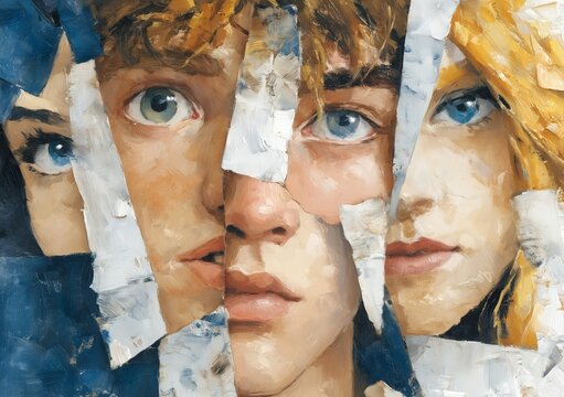 Surreal people with multiple faces and distorted anatomy, symbolic composition exploring identity, perception and social roles, contemporary digital painting, psychological concept, modern expressive 