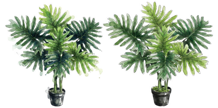 Large philodendron selloum plant watercolor duo for interior design.